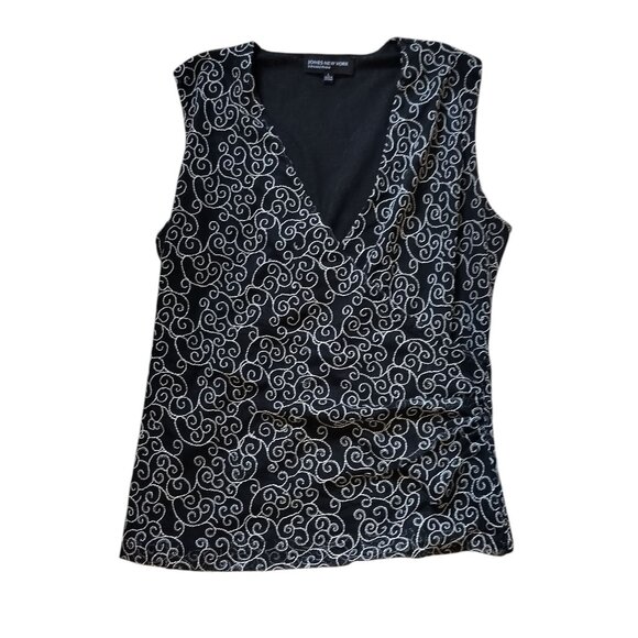 Vintage 90s V-cut tank blouse with golden thread on black chiffon like material - Picture 1 of 4